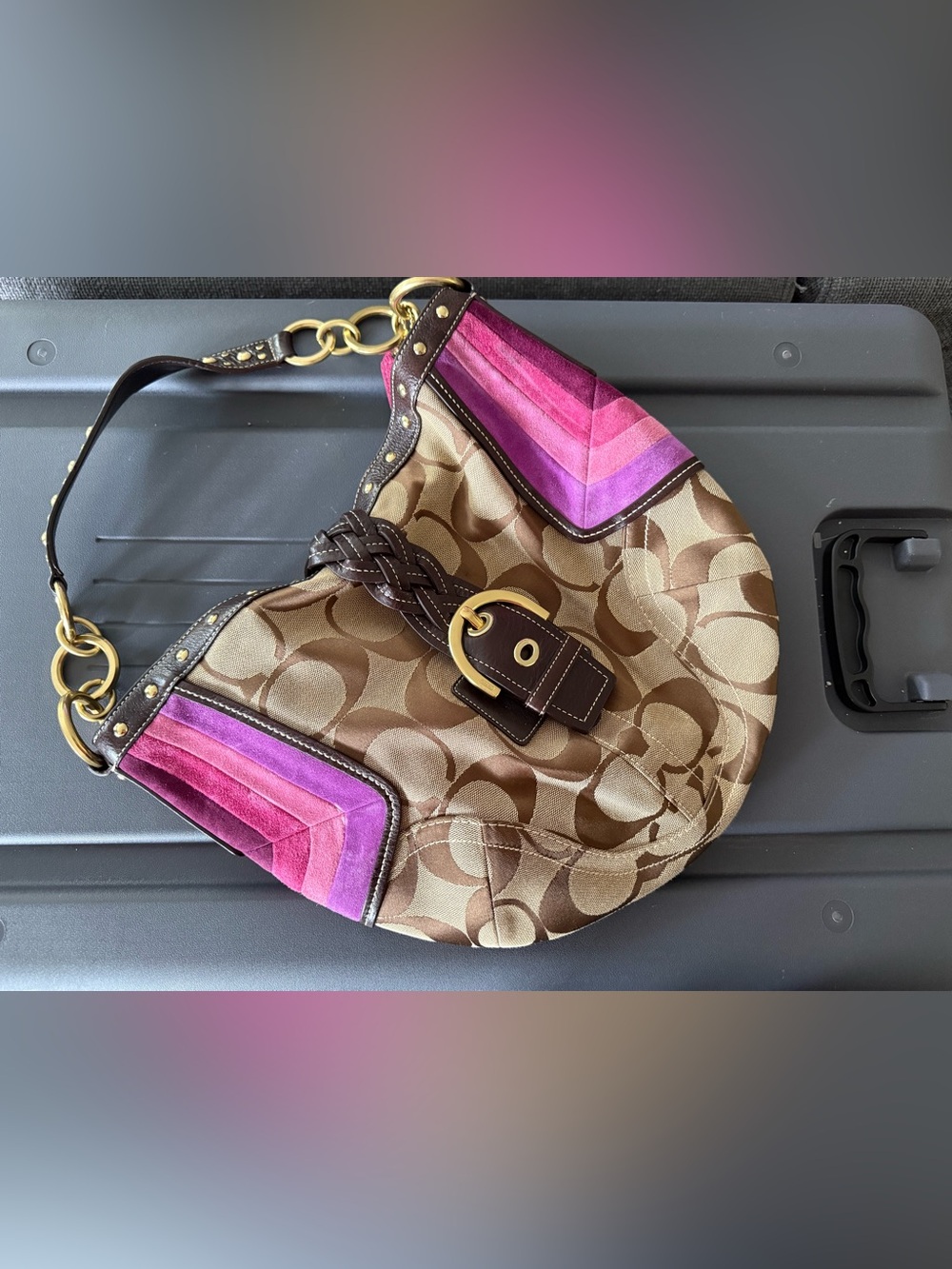 Coach Brown Signature Hobo Bag with Pink and Purple Suede Accents